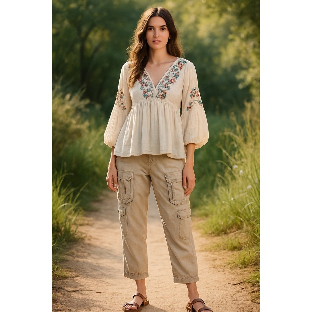 Johnny Was Pete & Greta Cargo Pants Womens 12 Ivory Crop Pockets Boho Lagenlook